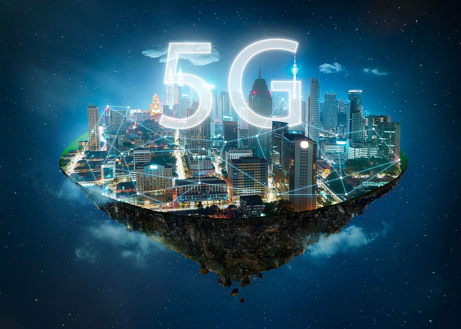 Fantasy island floating in the air with 5G network wireless systems and internet of things , Smart city and communication network concept .